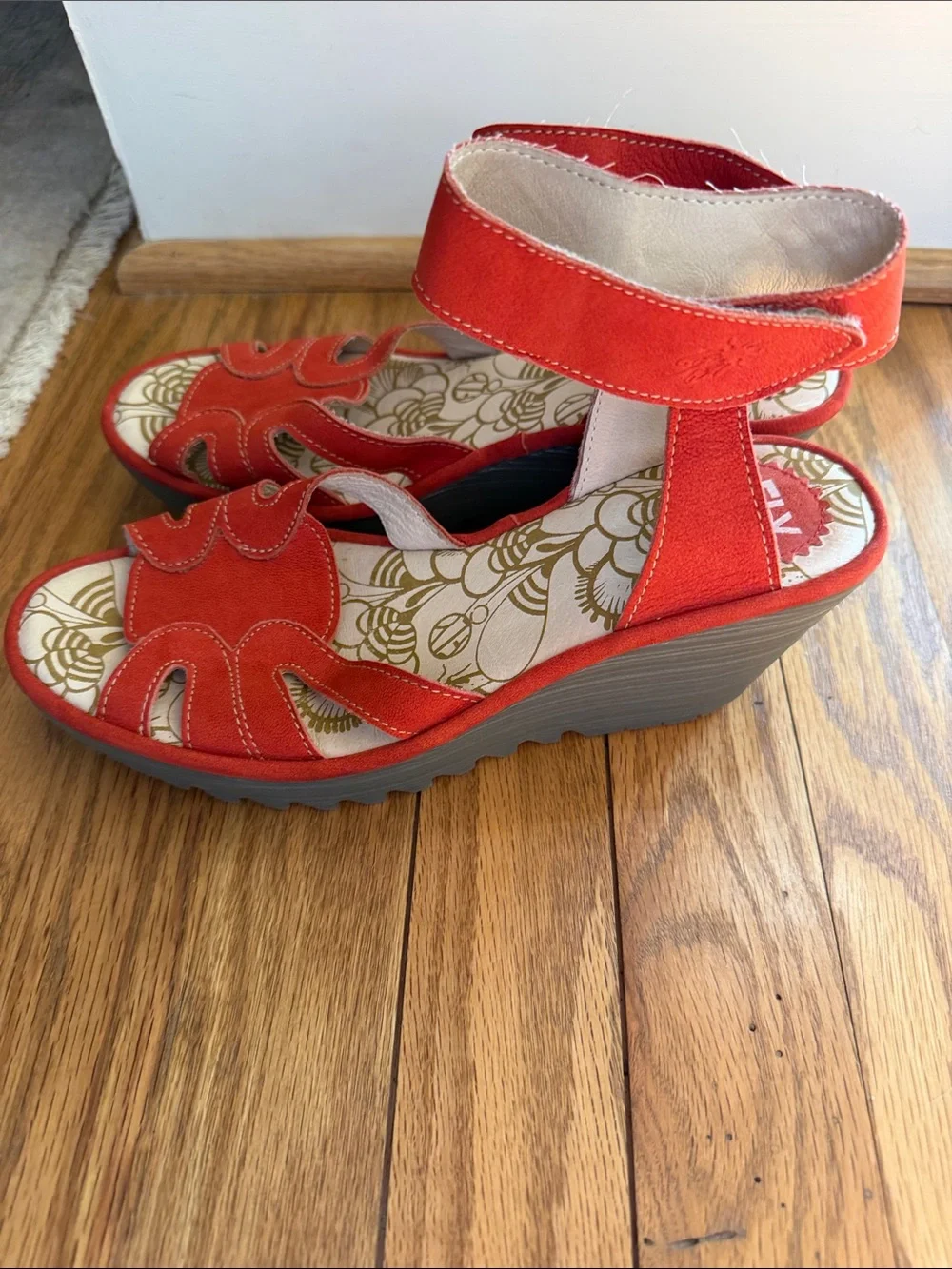 NWOT Fly London Women’s Red Suede Wedge Sandals, Size 38 (approximately 7 1/2)